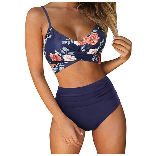 Biquíni brasileiro 2 peças separadas flor impressão conjunto de cintura alta mulheres swimsuit shorts sólidos calcinha 210621