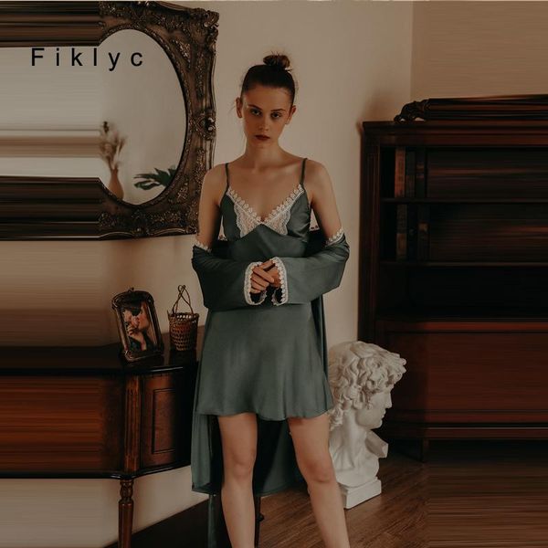 

women's sleepwear fiklyc summer autumn full sleeve bathrobes straps nightdress two pieces robe gown satin pyjamas sets luxury, Black;red