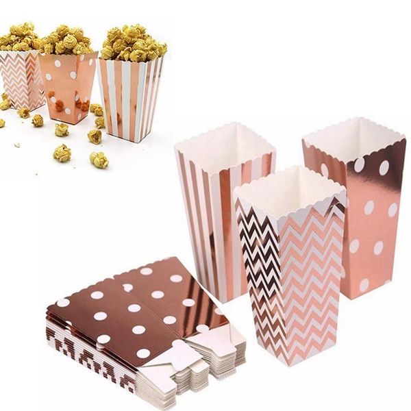 Confezione regalo 12 pezzi Scatola per popcorn in carta a righe in oro rosa Scatola per bomboniere Sanck per caramelle Natale Matrimonio Baby Shower Decorazione per feste di compleanno per bambini