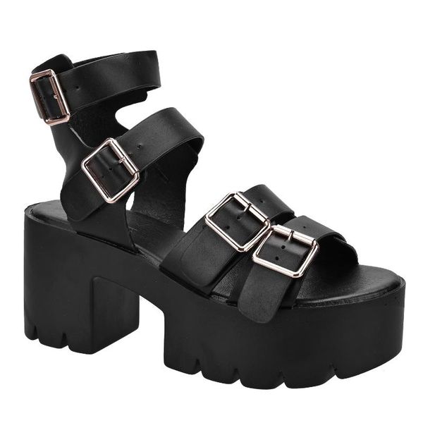 

sandals women faux leather multi buckle chunky platform fashion, Black