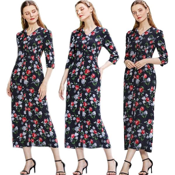 

ethnic clothing floral print muslim women long dress elegant arabic abaya dubai maxi robe gown turkish v-neck vestido summer casual, Red