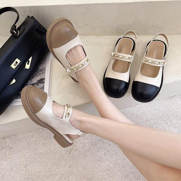 

sandals low woman leather female shoe round toe 2021 summer low-heeled girls closed flat beige open pearl comfort back strap, Black