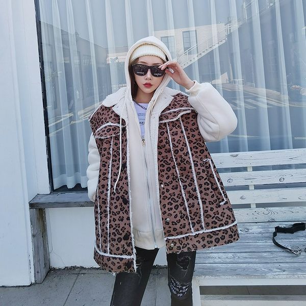 

jackets autumn and winter leopard print imitation lamb velvet lining vest women loose mid-length sleeveless jacket, Black;brown