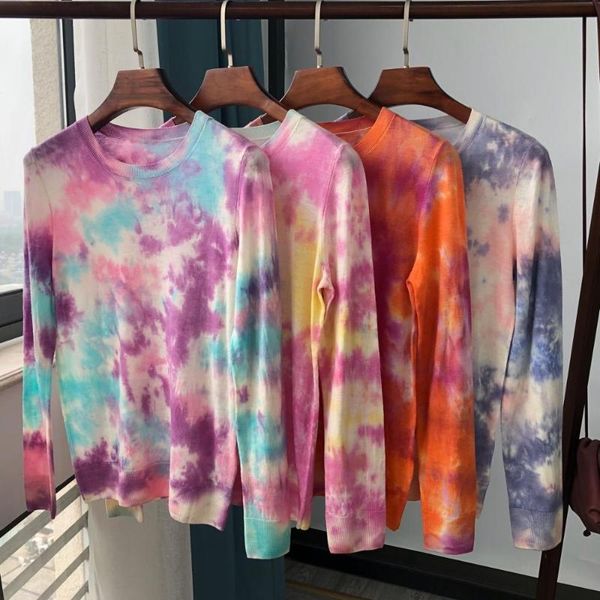

tie-dye thin sweater for women water-soluble wool luxury colorful o-neck long sleeve pullover women's sweaters, White;black