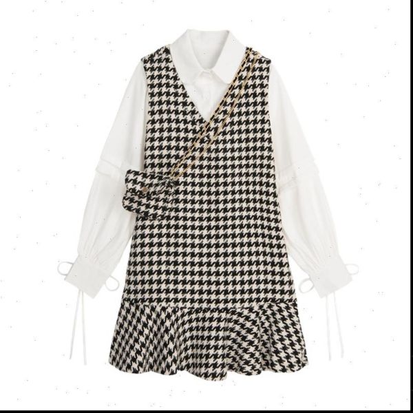 

black white sleeveless with womens dresses shirt turn down collar 2 pieces set elegant winter houndtooth bag t0454