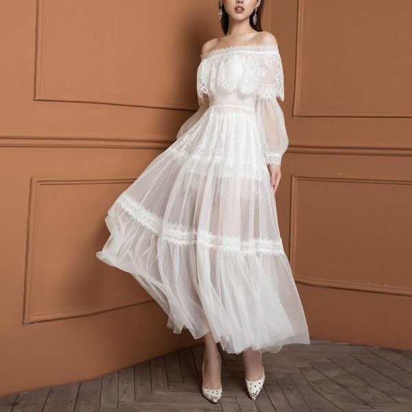 

casual dresses vintage white lace patchwork pleated long for women 2021 off shoulder maxi dress, Black;gray