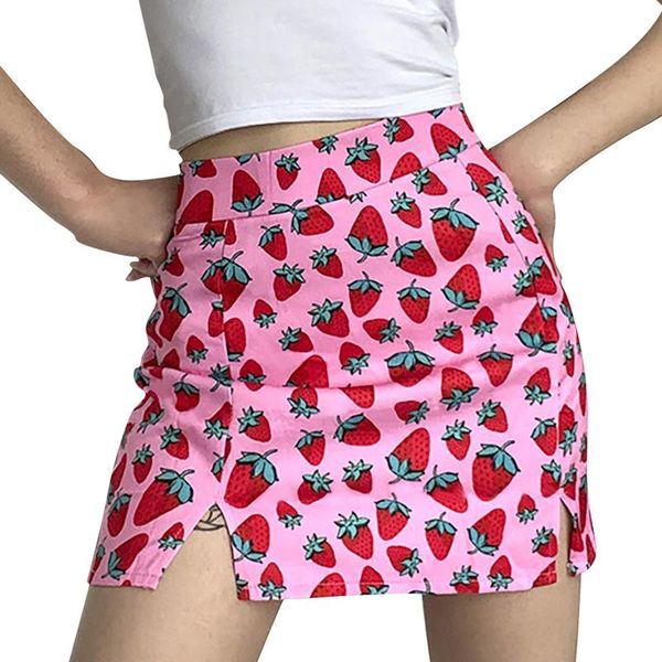 

skirts 2021 women's slim strawberry printing high waist bag hips girls split skirt summer europe and the united states style, Black