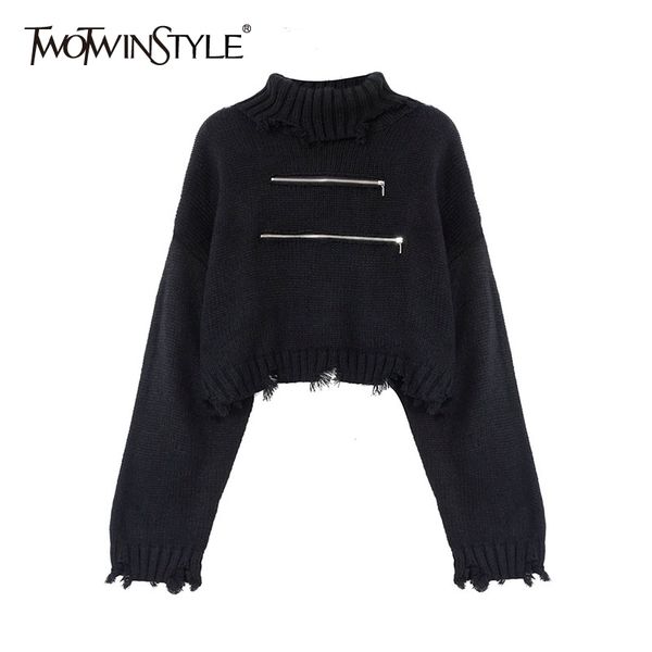 

loose hole short sweater for female turtleneck long sleeve patchwork zipper black knitted autumn 210524, White;black