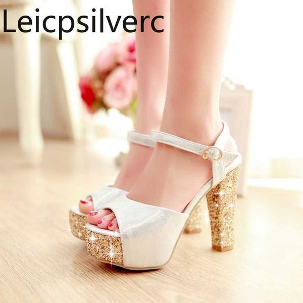 

spring and summer sequin thick heel sandals waterproof platform super high heel 12cm fish mouth women's shoes plus size 32-43 y0721, Black