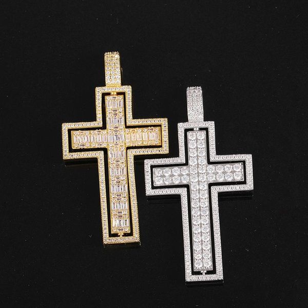 

pendant necklaces rotatable baguette cross hip hop iced out cubic zirconia stones men charm tennis chain jewelry with solid back, Silver