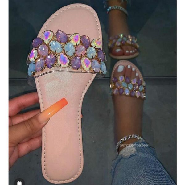 

women slippers for summer bling diamond female outside flip flops flat with transparent colored non-slip ladies shoes, Black