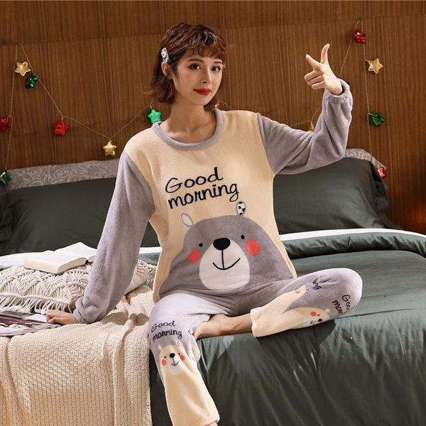 

Wholesale Women Sleepwear Full Autumn Winter Warm Flannel Pajama Set Thicken Girl Print Pyjama Long Sleeve, Black;red