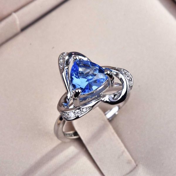 

cluster rings charm natural crystal stone ring for women triangles simple style blue zircon fashion creativity rotatable jewelry, Golden;silver