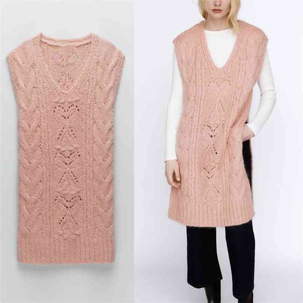 

long cable knit vest women v neck sleeveless cute pink sweater woman fashion streetwear fit knitted 210524, Black;white