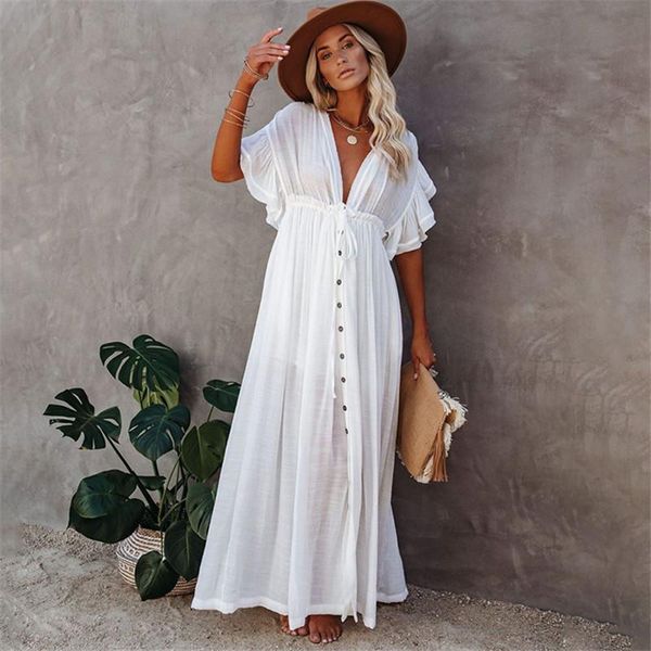 

women's swimwear summer bikini cover-ups ruffle sleeve kaftan tunics casual beach dress plus size women wear swim suit cover up, White;black