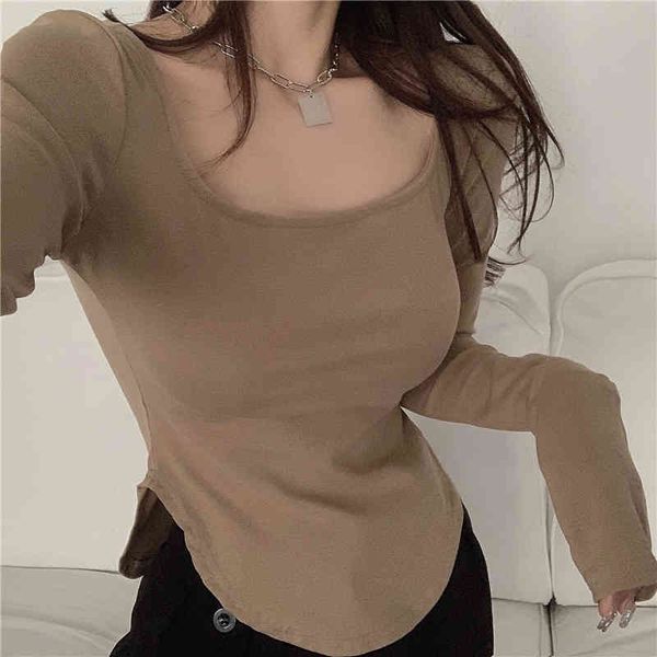 

2colors spring korean style slim long sleeve t-shirts womens u neck tee shirt femme women thin crop (r99564) 210423, White