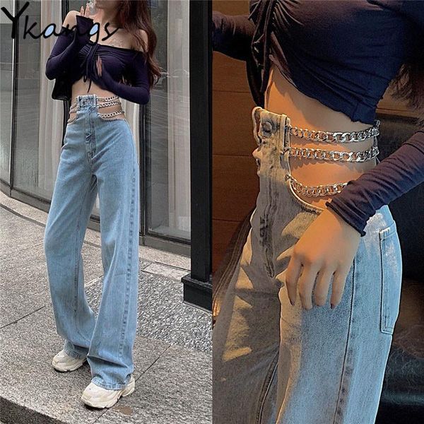 

women's jeans 2021 link chain boyfriend women hip hop hollow out high waisted femme denim loose ladies pants vintage trousers, Blue