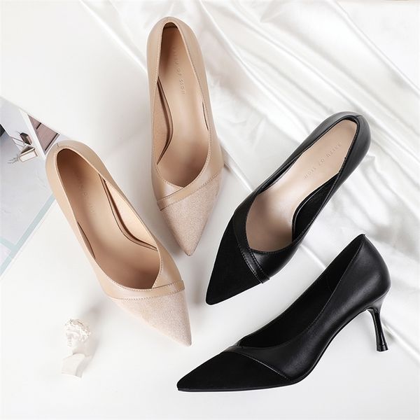 6,5 см высокие каблуки женские туфли PU FLOCK Osted Toe Slip ons Sexy элегантные твердые обнаженные черные работы офисные дамы насосы 210520