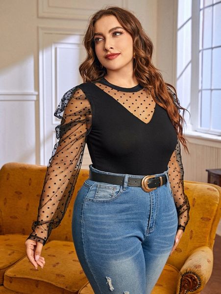 

plus contrast dobby mesh bodysuit n9ur#, Black