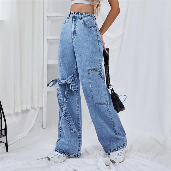 

women's jeans loose denim trousers women wide leg straight light color figure flattering casual pants fashion lace up slim high waist, Blue