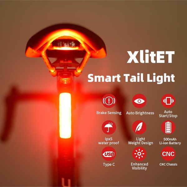 Luzes de bicicleta 2023 Xlitet Start Stop Stop Brake Sensing para Bicycle Light LED LED USB Charging Cycling Enfitnix Xlite100 Luz traseira