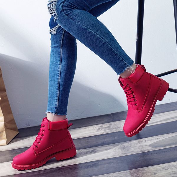 

women lace red boots new up solid casual ankle boots martin round toe women shoes winter snow boots warm botas mujer 2019. xz-006573