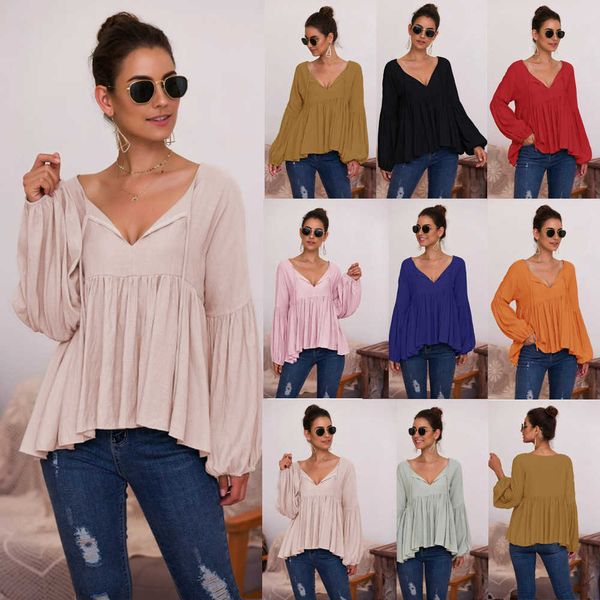 

winter autumn / bubble sleeve solid color v-neck women's t-shirt, White