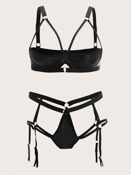 

plus cut out ring linked garter lingerie set h7w4#, Black;white