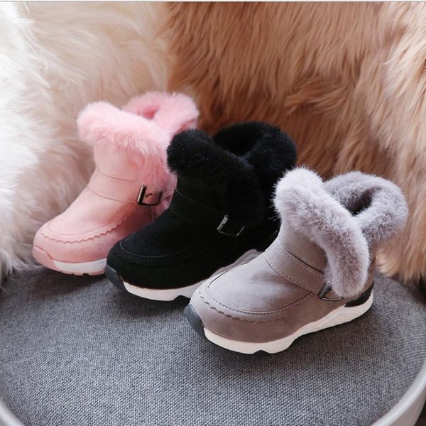 

winter children snow boots thick warm shoes cotton-padded suede buckle girls non-slip flat round toe toddler, Black;grey