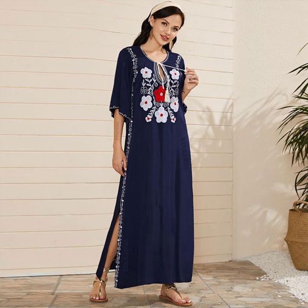 

boho dark blue flower embroidery women dresses fringed side split summer long dress plus size clothing vintage maxi n603, Black;gray