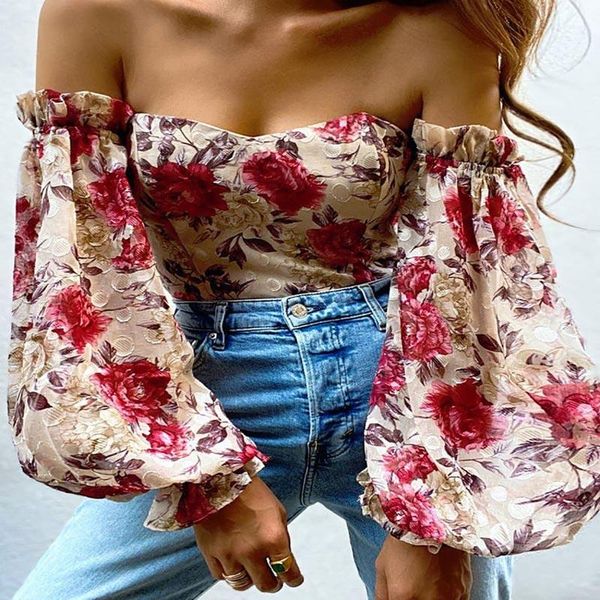 

women's blouses & shirts off shoulder ruffles summer crop fashion women holiday beach shirt vintage leaf printed elegant 2021 femal, White