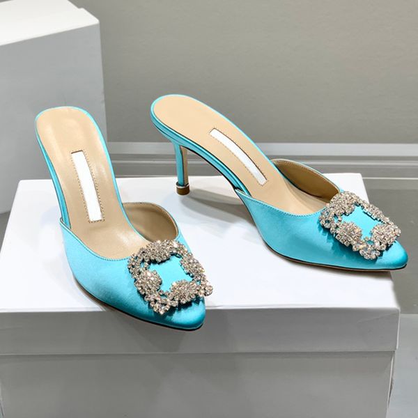 

designers heeled slippers crystal decorative satin womens summenr sandals rhinestone square buckle dress shoes 7cm heel genuine leather sole, Black