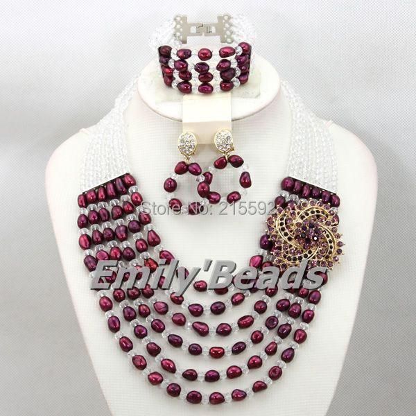 

earrings & necklace wine pearl beads mix clear white crystal jewelry set nigerian african wedding 2021 aej390, Silver