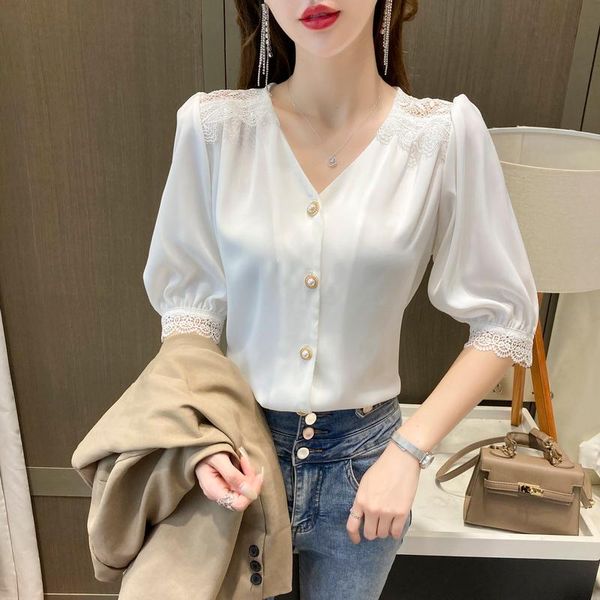 

women's blouses & shirts wrinkle resistant white shirt lady bubble sleeve half v-neck acetate satin blouse 2021