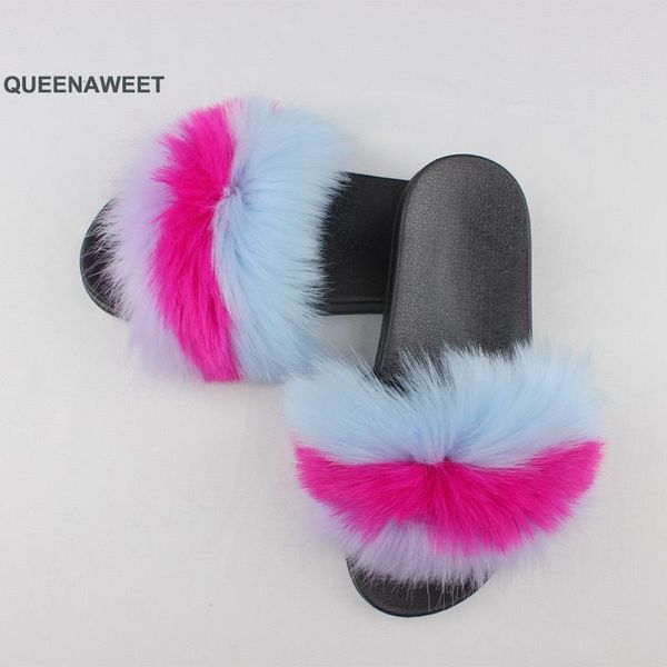 

slippers home women fur slides furry female indoor summer shoes woman sandals flat plus size, Black