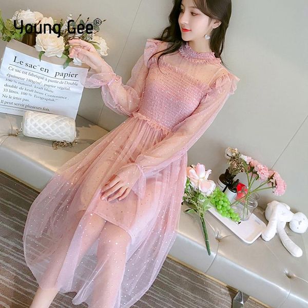 

casual dresses young gee fashion women bling sequined mesh ruffles knee length dress girls flare sleeve slimming vestidos streetwear, Black;gray