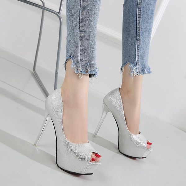 

dress shoes fashion summer peep toe shallow silver 14cm super high heeled 5 inches trend paint platform party elegant thin heels, Black
