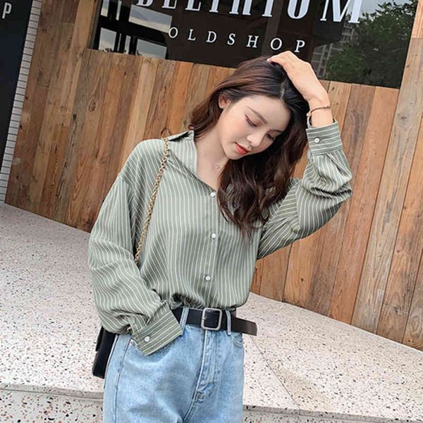 

women's blouses & shirts arrival spring autumn women long sleeve loose shirt all-matched casual green striped korean blouse ladi, White