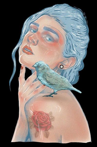 

black or white tee 08162017 blue bird girl rose, White;black