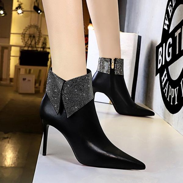 

autumn winter women boots zip high heels fashion pointed toe ankle botas mujer crystal booties, Black