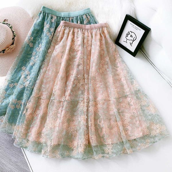 

skirts 2021 summer elegant high waist floral embroidery long tulle skirt women fashion a-line mesh woman ladies clothes f4sw, Black