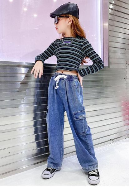 

girls jeans big pocket kids casual straight leg clothes 6 8 10 12 14 16, Blue