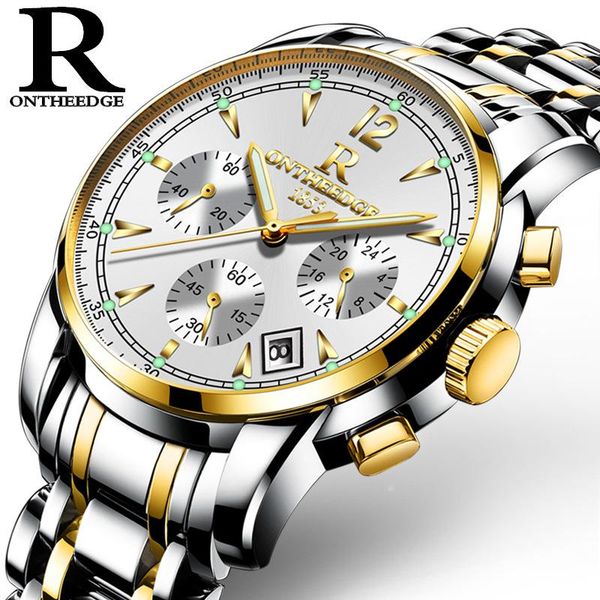 

wristwatches watch men ontheedge quartz chronograph calendar luminous hands waterproof full solid steel wristband 036, Slivery;brown