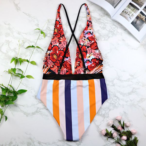 

women swimwear deep v swimsuit patchwork monokini print bath suit maillot de bain striped beach wear 3200by air