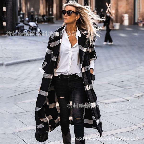 

women's plaid bandage coat in autumn and winter, Black;brown