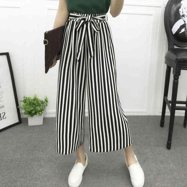 

capris high-waisted summer chiffon broad-leg women's casual plaid pant points office more size fashion loose bow hare pants, Black;white