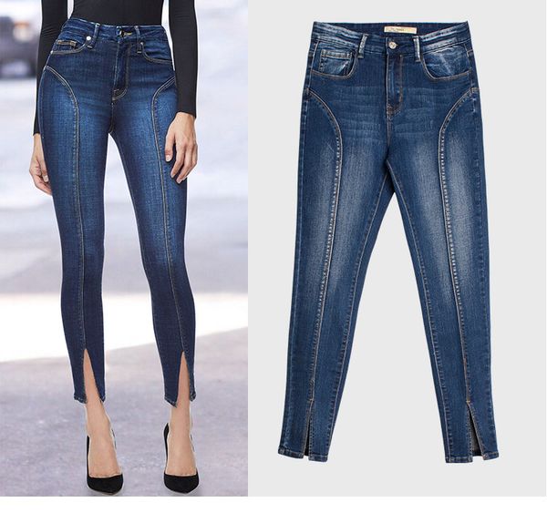 

mid waist strain split pants in fashion high quality washed ankle jeans, Blue