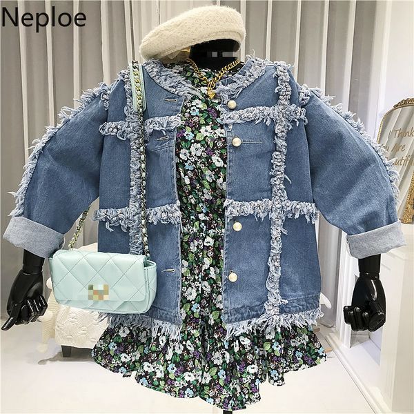 Neploe Püskül Ceket Kadınlar Bahar Kore Moda Tek Göğüslü Uzun Kollu Bayanlar Mont Casual Denim Tops Femme 1B509 210423