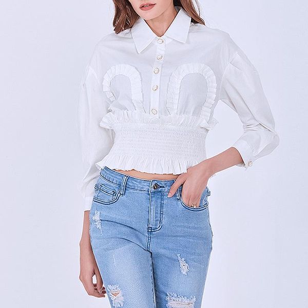 

spring fashion elegant women long sleeve solid chiffon patchwork slim ladies women's blouses & shirts, White