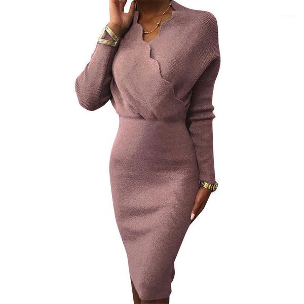 

casual dresses 2021 product women's v neck long sleeve solid color slim high waist sheath bodycon dress party knit wholesale, Black;gray